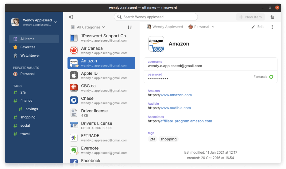 藍色背景上顯示適用於Linux的1Password 8視窗的上半部分。 側欄中可見「所有項目」、「我的最愛」、「Watchtower」以及私人保險庫。 中間欄顯示了所有類別的所有項目的清單，右側顯示了Amazon.com的詳細項目視圖，其中包含搜尋「新增項目」按鈕以及隱藏側欄的按鈕。