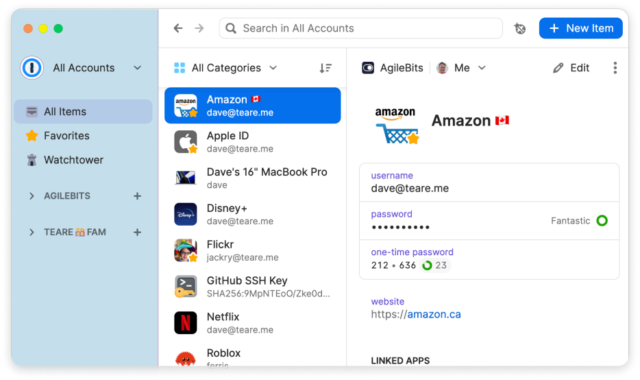 蓝色背景上显示适用于Mac的1Password 8窗口的上半部分。 侧边栏中可见“所有项目”、“收藏夹”及“Watchtower”。 中间列显示了所有类别的所有项目的列表，右侧显示了Amazon.com的详细项目视图，其中包含导航按钮、搜索和工具栏中的“新建项目”按钮。