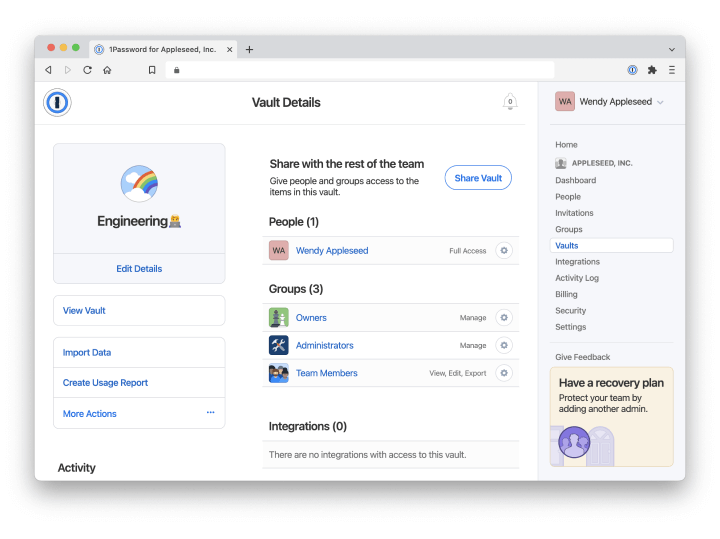 A Safari browser open to a 1Password account with the Vaults category selected, showing Vault Details. There are options to provide and customize vault access to 1Password users.