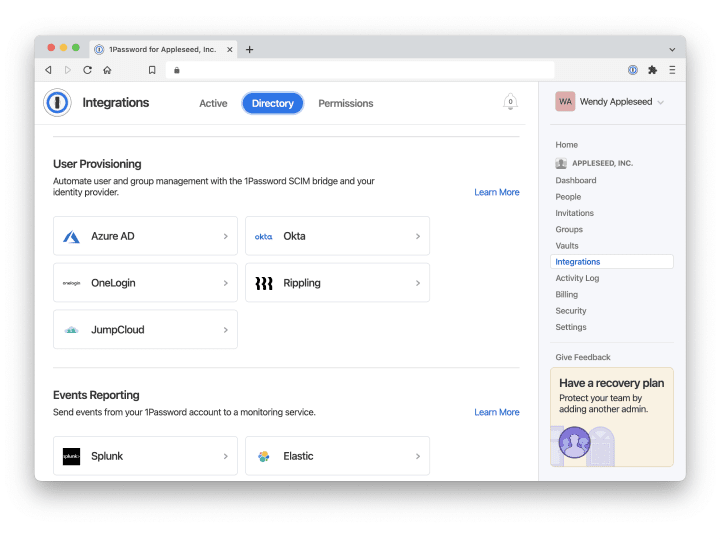 A Safari browser open to a 1Password account with the Integrations category selected, showing the option to  provision users with an identity provider like Google Workspace, Okta, Azure, Rippling, JumpCloud, or OneLogin.