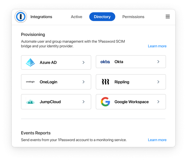 [ディレクトリ] タブが強調表示された1Password Business統合ページ。利用可能な統合が一覧表示され、開始する特定の統合を選択するオプションが表示される。利用可能な統合には、Azure AD、Okta、OneLogin、Rippling、JumpCloud、Google Workspaceが含まれる。