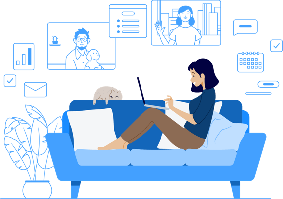 Pessoa com um laptop sentada em um sofá e trabalhando em casa.