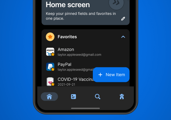 Bottom half of an Android phone displaying 1Password in dark mode with one-tap navigation to the home screen, all items, search, and Watchtower sections at the bottom of the screen.