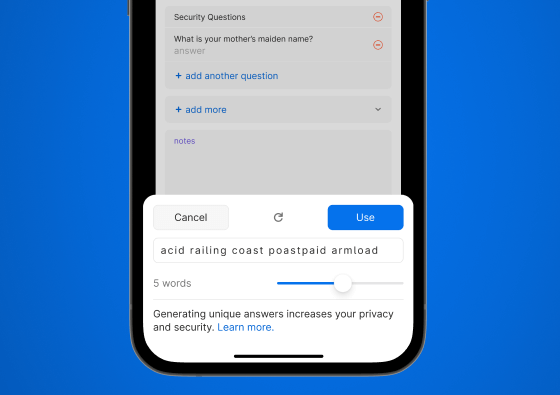 Zoomed-in iPhone displaying 1Password in item editing view, with the “Security questions” section and a field labeled “What is your mother’s maiden name?” below it. At the bottom of the screen, an overlay shows a random answer to the security question, with options to change word length, cancel, refresh, or use the generated question.