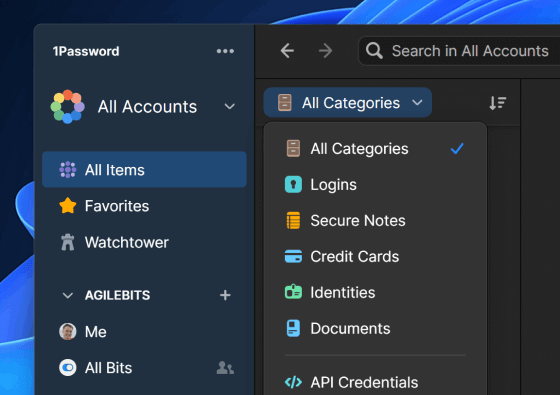 1Password 8 für Mac im dunklen Modus. Im Menü ist die Option „Alle Objekte“ ausgewählt und im geöffneten Kategorien-Dropdown ist die Option „Alle Kategorien“ ausgewählt.