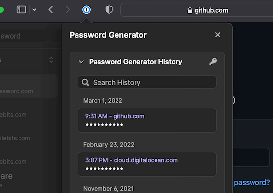 Una finestra di Safari con l'estensione 1Password aperta e che mostra la cronologia del generatore di password.