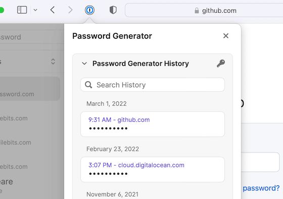 Окно браузера Safari с открытым расширением 1Password и историей генератора паролей.