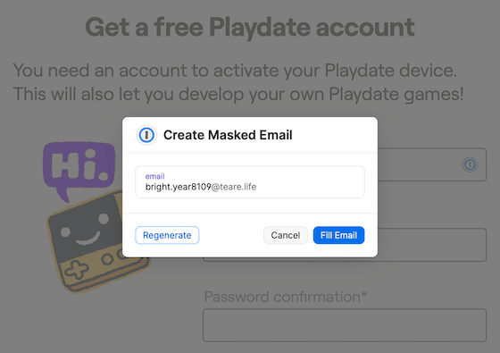 Una solicitud de 1Password que muestra la opción de crear una dirección de correo electrónico enmascarado con un sitio web de fondo.