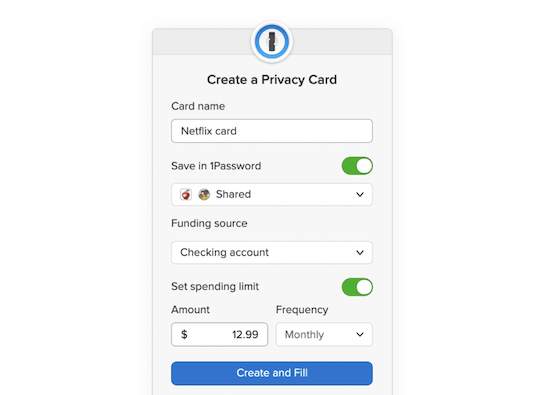 Privacy.com privacy 결제 카드를 만들기 위한 프롬프트, 1Password에 저장할 수 있는 옵션이 있음.