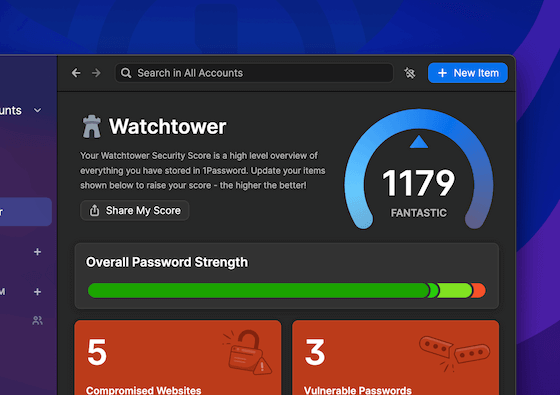 Mac용 1Password 8, 메뉴에서 Watchtower가 선택됨, Watchtower 대시보드에는 Watchtower 보안 점수, 전반적인 비밀번호 보안 강도, 유출된 웹사이트 및 취약한 비밀번호에 대한 알림이 강조 표시됨.