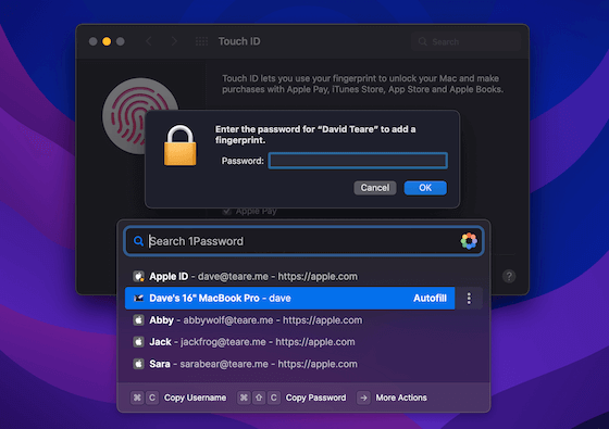 Mac 版 1Password 8 的快速访问窗口打开，自动填充 Macbook 管理密码，为触控 ID 添加指纹。