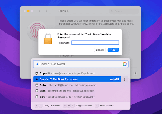 Macbook 관리자 비밀번호를 자동으로 채우고 Touch ID에 지문을 추가하기 위해 열려 있는 Mac용 1Password 8 빠른 액세스 창.
