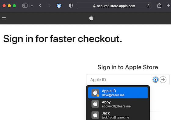 apple.com 로그인 화면이 열려 있고 1Password가 Apple ID를 자동으로 채우고 있는 Safari 창.