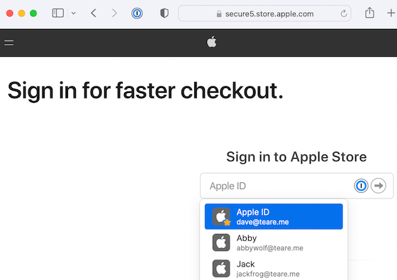 apple.com 로그인 화면이 열려 있고 1Password가 Apple ID를 자동으로 채우고 있는 Safari 창.