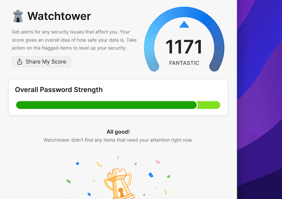 Le tableau de bord Watchtower affiche un excellent score de sécurité de 1171, avec une barre de progression indiquant le niveau de sécurité global du mot de passe en vert.