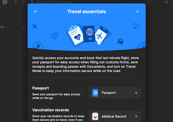 Der Objektkatalog mit dem Bereich „Travel Essentials“ (Wichtige Reiseunterlagen). Im Bild ist die Option zum Hinzufügen eines Reisepasses, eines Impfpasses usw. zu 1Password zu sehen.